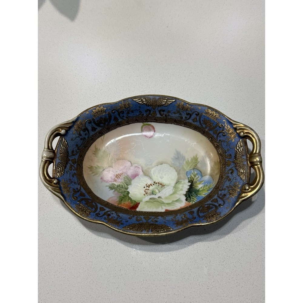 Antique Nippon Morimura Dish Hand Painted Floral Design Gold Embossing 8.75"